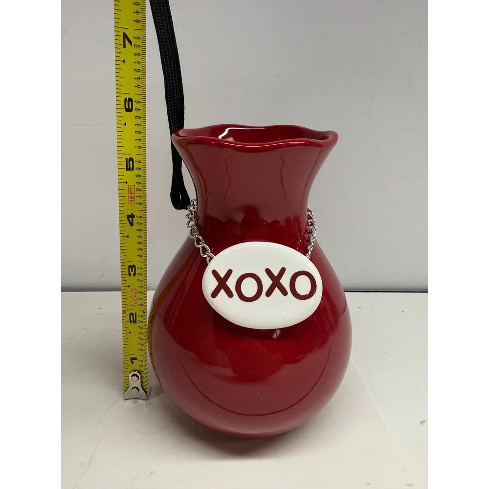 Red Ceramic XOXO Bud Vase Scalloped Rim Valentine Decor Glossy Red 5.5 Inch